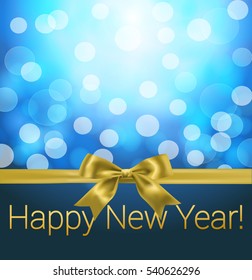 holiday golden bow ribbon, 2017 number and light effects blurry  dark blue background. vector design template