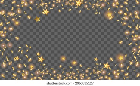 Holiday golden confetti on transparent background, vector Christmas paper flying tinsel, stars, lights. New Year party frame, shiny festive design element, carnival texture. Golden confetti clipart