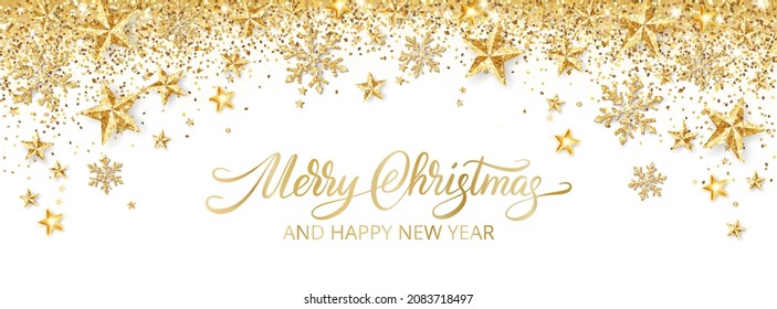 Holiday golden decoration. Falling glitter dust, stars and snowflakes. Hand written Merry Christmas text. Christmas border. Festive vector background. For New Year headers, banners, party posters.