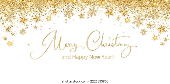 Holiday golden decoration. Falling glitter dust, stars and snowflakes. Hand written Merry Christmas text. Christmas border. Festive vector background. For New Year headers, banners, party posters.