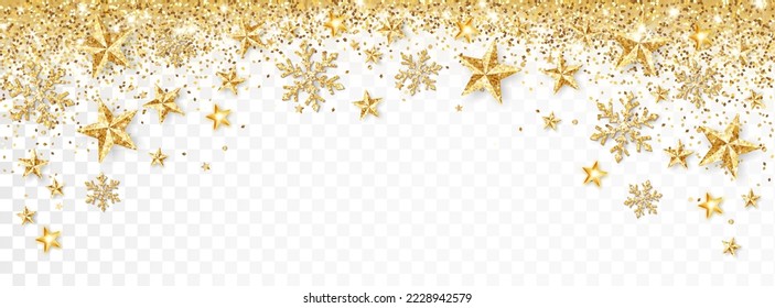 Holiday golden decoration. Falling glitter dust, stars and snowflakes. Christmas border. Festive winter vector background. For New Year headers, banners, party posters.