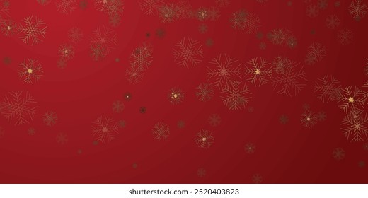 Holiday golden decoration. Falling glitter dust, stars and snowflakes. Red Merry Christmas Background, Christmas border. Festive vector background. For New Year headers, banners, party posters.