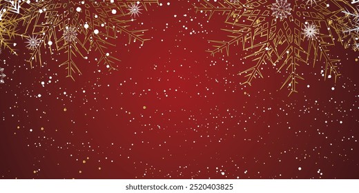 Holiday golden decoration. Falling glitter dust, stars and snowflakes. Red Merry Christmas Background, Christmas border. Festive vector background. For New Year headers, banners, party posters.