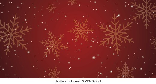 Holiday golden decoration. Falling glitter dust, stars and snowflakes. Red Merry Christmas Background, Christmas border. Festive vector background. For New Year headers, banners, party posters.