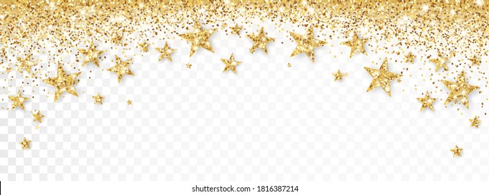 Holiday golden decoration, glitter frame isolated on white. Festive border with falling glitter dust and stars. For Christmas and New Year banners, headers, party posters, birthday cards.