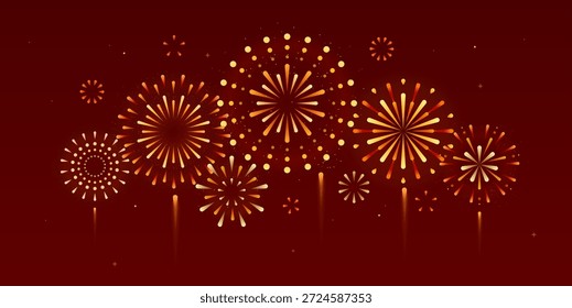 Explosión de fuegos artificiales dorados de Festiva aislados sobre fondo rojo. Día de la independencia, año Nuevo, fiesta tradicional o celebración de eventos. Ilustración vectorial