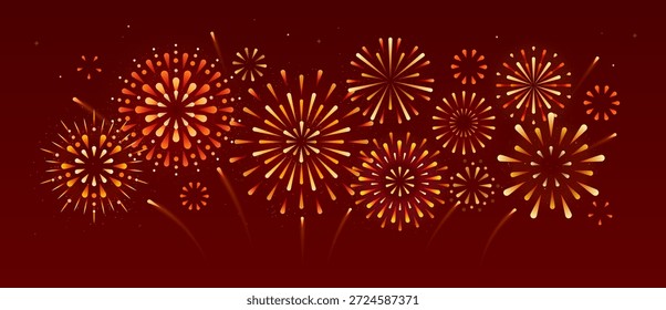 Goldene Feuerwerksexplosion im Urlaub einzeln auf rotem Hintergrund. Unabhängigkeitstag, Neujahr, traditionelles Festival oder Event-Feier. Vektorgrafik