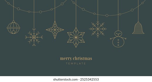 Feriado de linha minimalista dourada bolinhas, floco de neve, bola, sino, guirlanda. Banner de ano novo, cartão. Natal pendurado no fundo verde.