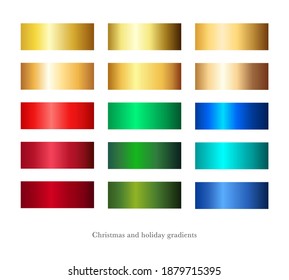 Holiday gradient set. Red, green, gold, blue bright vector gradients. Design elements. 