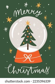 Holiday Graphic With Handwritten Phrase „Merry Christmas”. Cute Illustration With Christmas Tree Inside Of A Snow Globe. Ideal For Greeting Card Design, Or Seasonal Wall Decoration.