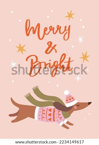 Holiday Graphic With Handwritten Phrase „Merry And Bright”. Cute Christmas Illustration With Dachshund In Pink Knitted Sweater And Long Green Scarf. Ideal For Greeting Card Design.