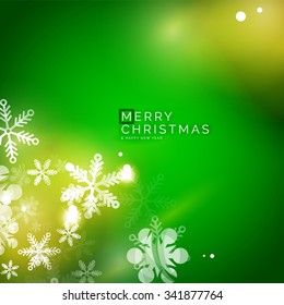 Holiday green abstract background, winter snowflakes, Christmas and New Year design template, light shiny modern vector illustration