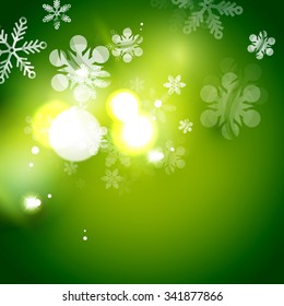 Holiday green abstract background, winter snowflakes, Christmas and New Year design template, light shiny modern vector illustration