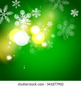 Holiday green abstract background, winter snowflakes, Christmas and New Year design template, light shiny modern vector illustration