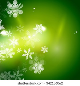 Holiday green abstract background, winter snowflakes, Christmas and New Year design template, light shiny modern vector illustration
