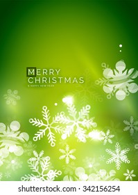 Holiday green abstract background, winter snowflakes, Christmas and New Year design template, light shiny modern vector illustration