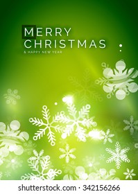 Holiday green abstract background, winter snowflakes, Christmas and New Year design template, light shiny modern vector illustration