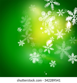 Holiday green abstract background, winter snowflakes, Christmas and New Year design template, light shiny modern vector illustration