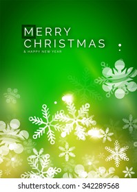 Holiday green abstract background, winter snowflakes, Christmas and New Year design template, light shiny modern vector illustration
