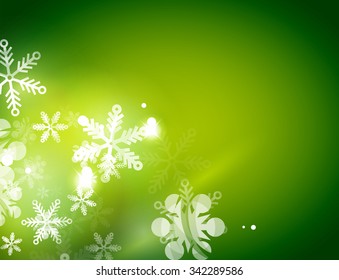 Holiday green abstract background, winter snowflakes, Christmas and New Year design template, light shiny modern vector illustration