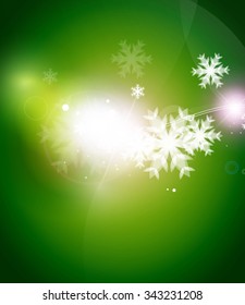 Holiday green abstract background, winter snowflakes, Christmas and New Year design template, light shiny modern vector illustration