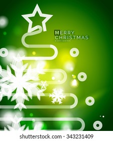 Holiday green abstract background, winter snowflakes, Christmas and New Year design template, light shiny modern vector illustration