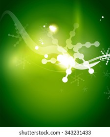 Holiday green abstract background, winter snowflakes, Christmas and New Year design template, light shiny modern vector illustration