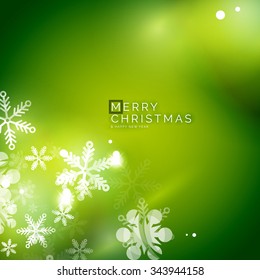 Holiday green abstract background, winter snowflakes, Christmas and New Year design template, light shiny modern vector illustration