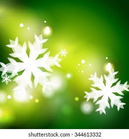 Holiday green abstract background, winter snowflakes, Christmas and New Year design template, light shiny modern vector illustration
