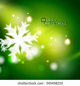 Holiday green abstract background, winter snowflakes, Christmas and New Year design template, light shiny modern vector illustration