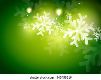 Holiday green abstract background, winter snowflakes, Christmas and New Year design template, light shiny modern vector illustration