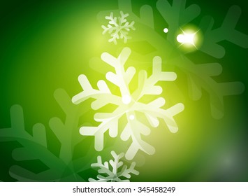 Holiday green abstract background, winter snowflakes, Christmas and New Year design template, light shiny modern vector illustration