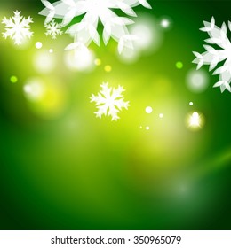 Holiday green abstract background, winter snowflakes, Christmas and New Year design template, light shiny modern vector illustration