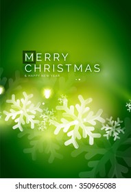 Holiday green abstract background, winter snowflakes, Christmas and New Year design template, light shiny modern vector illustration
