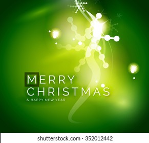 Holiday green abstract background, winter snowflakes, Christmas and New Year design template, light shiny modern vector illustration