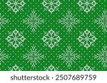 Holiday green ornament border. Christmas knitted texture with snowflakes background. Festive sweater. Knit seamless pattern. Fair isle traditional ornament. Xmas print. Vector illustration.