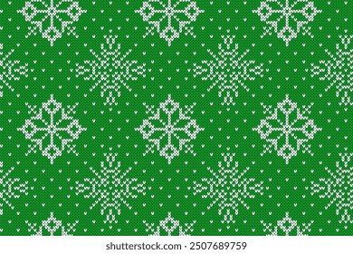 Festiva borde de adorno verde. Navidades de textura de punto con fondo de copos de nieve. Suéter festivo. Patrón de punto sin costuras. Ornamento tradicional de la isla justa. Estampado navideño. Ilustración vectorial.