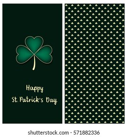 holiday green set with a postcard with hand drawn silver clover and text happy saint Patrick`s day and clover seamless vector pattern