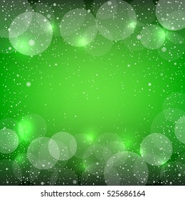 Holiday green snow background with sparkle bokeh circles. Christmas and New Year backdrop