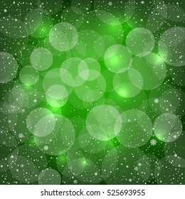 Holiday green snow background with sparkle bokeh circles. Christmas and New Year backdrop