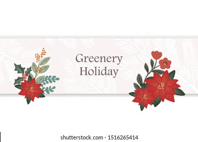 Holiday Greenery Background Vector with Leaves and Flowers