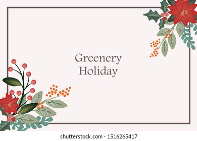 Holiday Greenery Background Vector with Leaves and Flowers