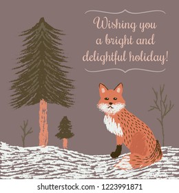 Holiday greeting background with winter landscape and a cute fox