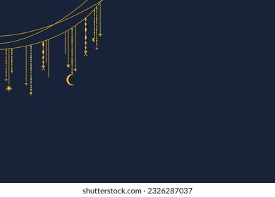 Holiday Greeting background of yellow strings with stars and moon decorations on dark blue background vector illustration. Idea for holiday card, festival event brochure , background, card, invitation