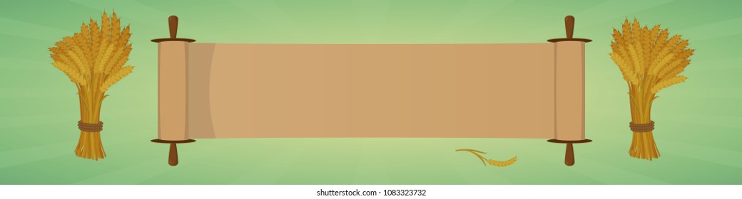 Holiday greeting banner. Scroll and sheaves of wheat on green background. Cartoon style.