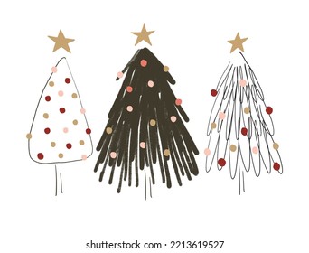 Holiday greeting card. Abstract christmas trees in a modern sketched style.