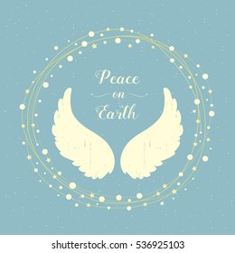 Holiday Greeting Card, Angel Wings And Christmas Wreath, Peace On Earth