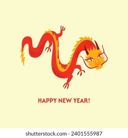 Holiday greeting card with asian dragon. Chinese lunar new year. 2024 year of the dragon. Vector flat illustration