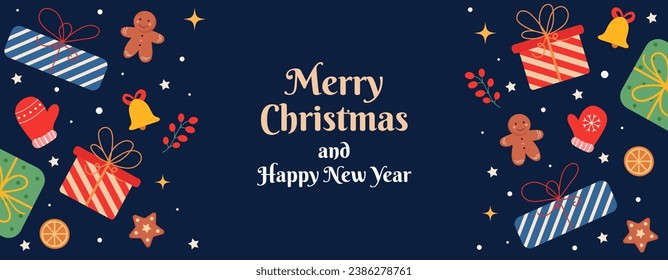 Holiday greeting card, banner, background. Merry Christmas and Happy New Year colorful vector illustration with gifts, cookies, mittens and other holiday elements.