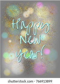 Holiday greeting card with bokeh effect and gold glitter.